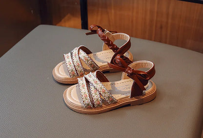 Summer Girls Sandals Fashion Embroider Flower Children Princess Shoes Open-toe Sweet Bowknot Kids Causal Flat Sandals Soft Soled
