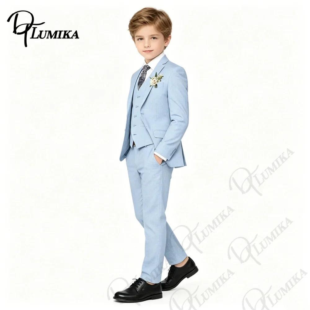 Boys’ 4-Piece Sky Blue Suit with Floral Tie for Weddings & Graduation