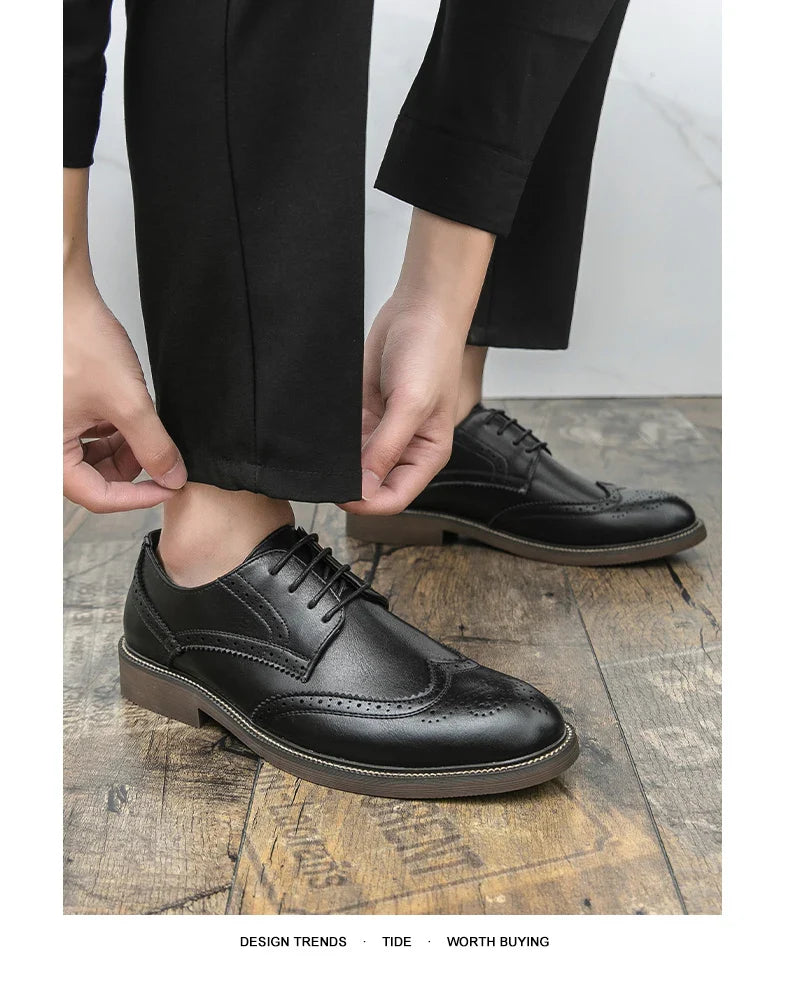 Retro leather shoes - men's brook engraved lace-up British business formal soft-soled fashionable casual trendy shoes