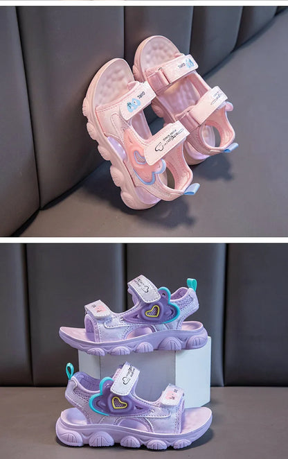2026 New Summer Girls Sports Sandals Love Heart Decor Soft Non-Slip Beach Sandals For 3-12 Years Old Kids