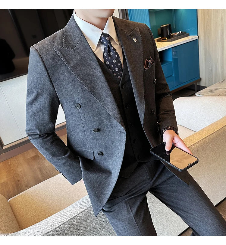 (Jackets+Pants) Luxury Double Breasted Design Slim Fit Suit High Quality Fashion Men's Wedding Social Suit Tuxedo 2 Piece Set
