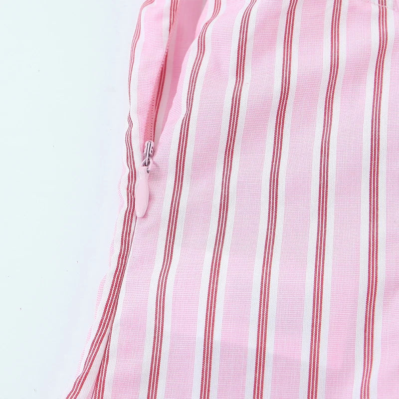 Women Fashion With Bow Striped Backless Side Zipper Tops Vintage Thin Straps V-Neck Female Chic Lady Camis