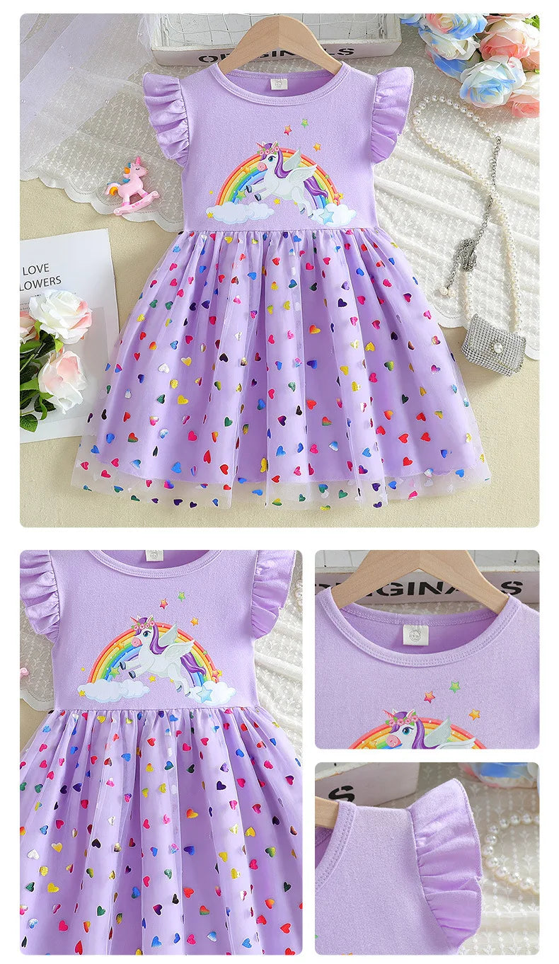 2026 Korean Style Girls Summer Unicorn Print Dress Short Sleeve Tulle Princess Gown Kids Casual Party Clothes for South Korea