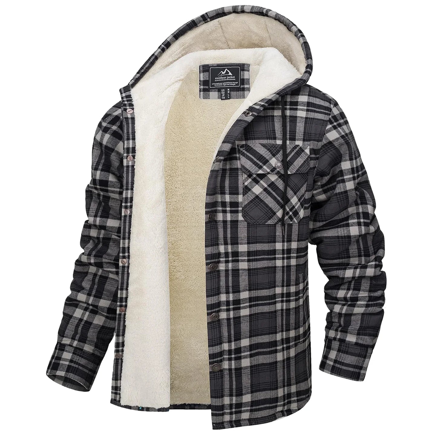 Sherpa Lined Flannel Jacket Mens Heavyweight Hooded Fleece Jacket Thicken Warm Button Down Plaid Jacket Outwear Coats