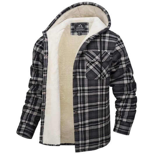 Sherpa Lined Flannel Jacket Mens Heavyweight Hooded Fleece Jacket Thicken Warm Button Down Plaid Jacket Outwear Coats