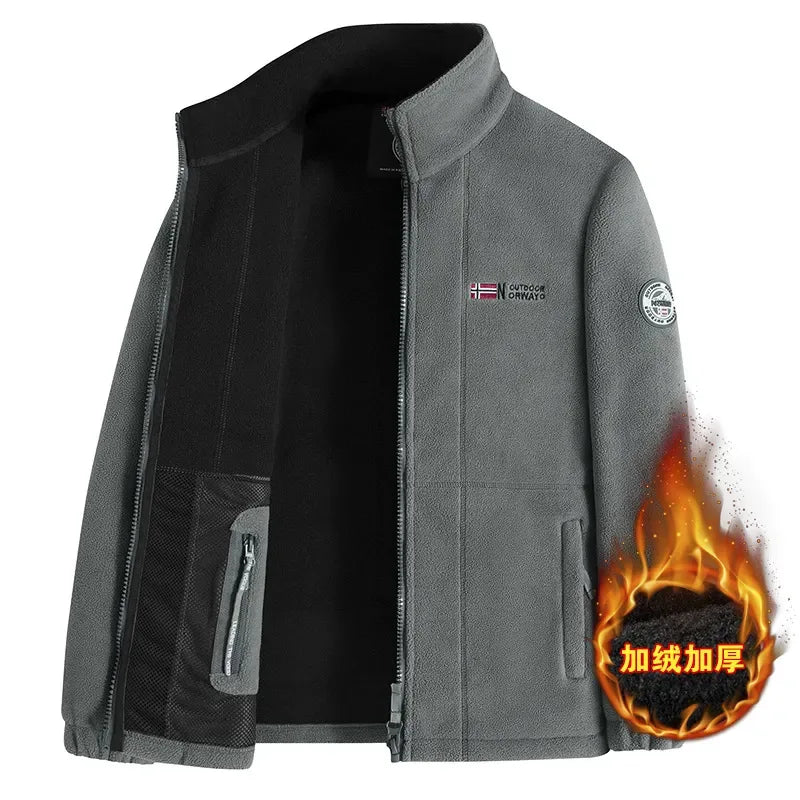 Thickened Fleece Lined Double-sided Fluffy Jacket Men's Autumn Winter Business Casual Outdoor Stand Collar Warmth Zipper Closure