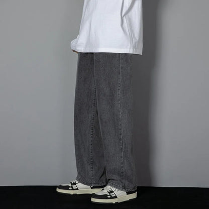 Korean Solid Colors Men's Casual Long Jeans Classic Man Four Seasons Straight Denim Wide-leg Pants Light Blue Grey Black 3XL