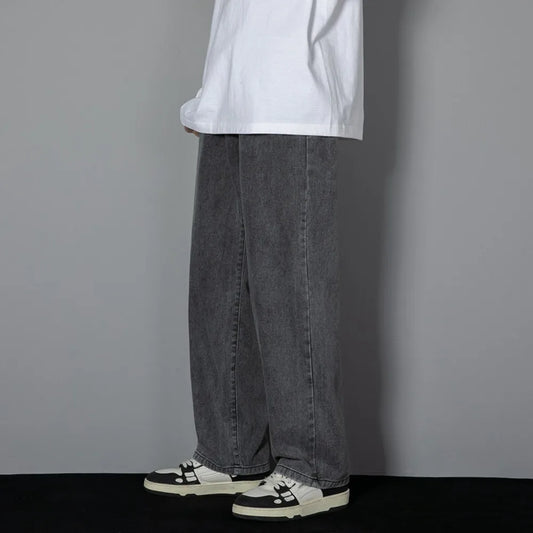 Korean Solid Colors Men's Casual Long Jeans Classic Man Four Seasons Straight Denim Wide-leg Pants Light Blue Grey Black 3XL