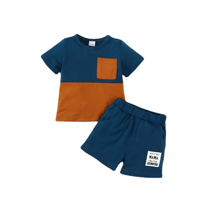 2PCS Summer Toddlers Boy Outfits Short Sleeve Pullover Color Block Top+Pants Fashion Casual Sports Set for Kids Boys 1-4 Years