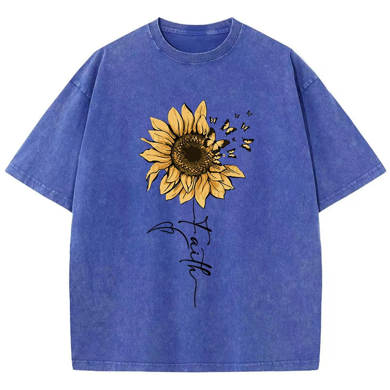 Sunflower And Butterfly Cotton Washed T-Shirt Women Prints Tops Summer O-Neck Oversized T Shirts Vintage Black Woman Clothes