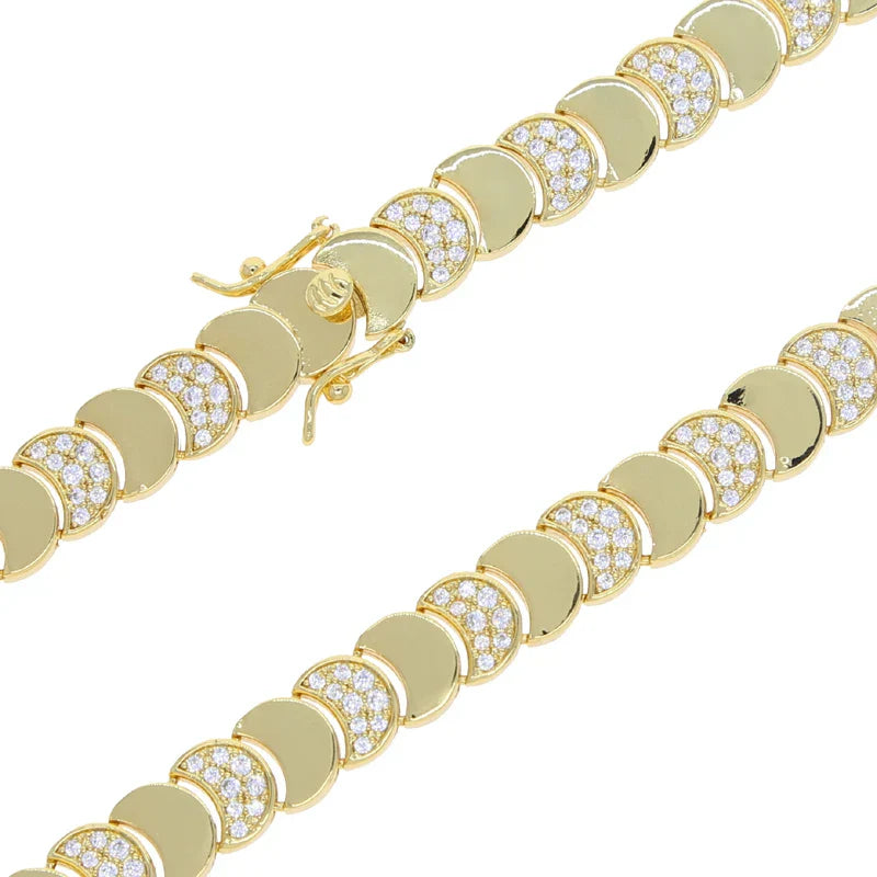 Gold Color Fashion Women Jewelry Set Geometric Shiny Plain Paved 5A CZ Moon Shaped Chain Choker Necklace Bracelet