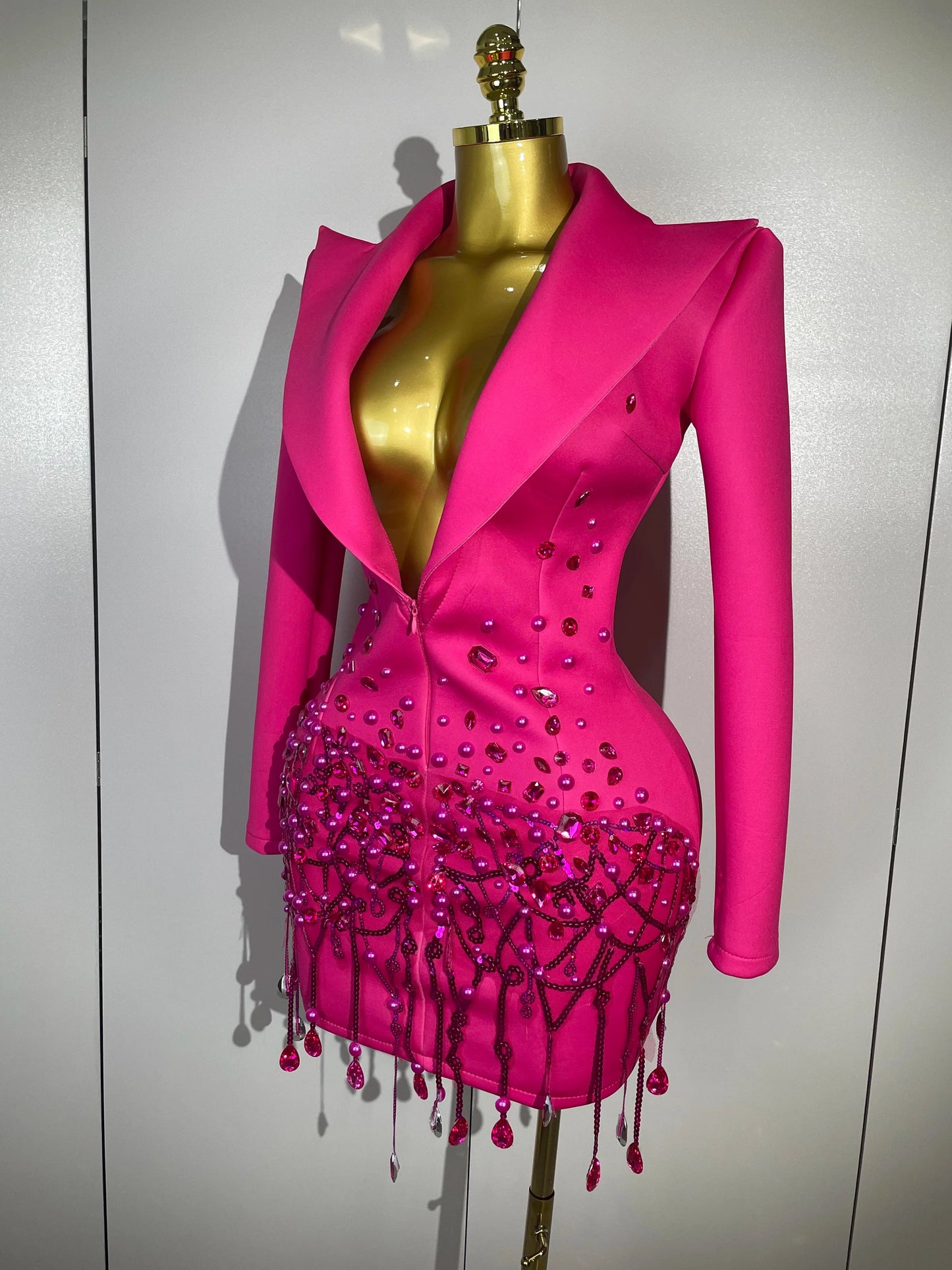 Crystal Chains Pearls Long Sleeve Mini Dress 2025 Women Birthday Evening Party Nightclub Outfit Singer Wedding Costume