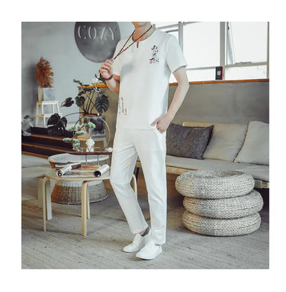 (Shirt + trousers) 2025 summer Chinese Style men shirt Cotton and linen shirts men's High quality casual shirts Two Piece M-5XL