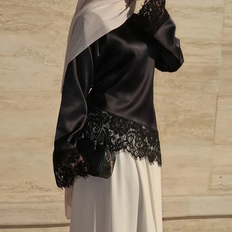 Women's Satin Blouse With Lace Trim Fashion O-neck Long Sleeve Lace Up Waist Irregular Tops 2026 Spring New Chic Lady Streetwear