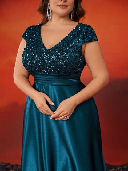 Plus Size Elegant V-Neck Blue Sequins Evening Dress Long Luxury Women Satin Sleevesless Party Prom Cocktail  Gowns