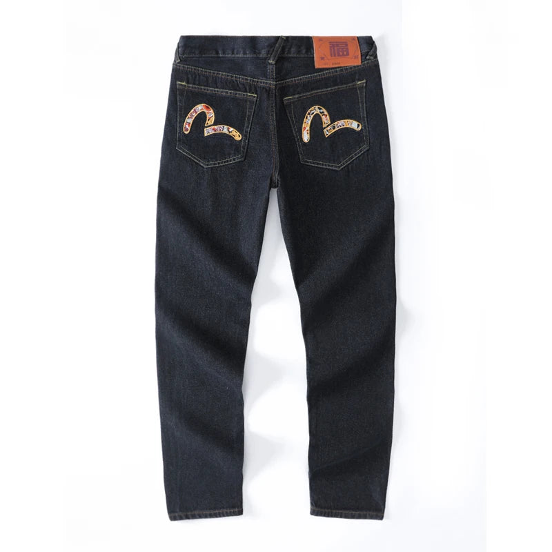 Men's Japanese Handmade Embroidered Cotton Jeans Straight Tube Slim Fit Hip-Hop Trousers Red Ear Detail Devil Big M Golden Text