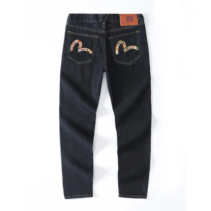 Men's Japanese Handmade Embroidered Cotton Jeans Straight Tube Slim Fit Hip-Hop Trousers Red Ear Detail Devil Big M Golden Text