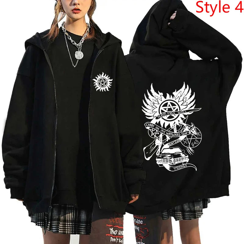 New Supernatural Printed Zipper Hooded Fashion Women Men Sweatshirt Casual Sport Hoodie Personality Zipper Long Sleeve Coat