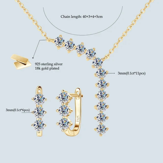 1.7cttw D color Moissanite Earrings Necklace 925 Sterling Silver Y-Shaped Pendant Necklaces Jewelry Set For Women Charming Gift