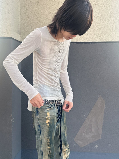 Y2k Snakeskin Print T-shirt Grunge Aesthetics Long Sleeve Knitted Tops Vintage 2000s Streetwear American Retro