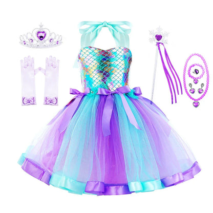 Girls Mermaid Tutu Dress Under the Sea Theme Birthday Party Halloween Cosplay Costumes with Flower Headband