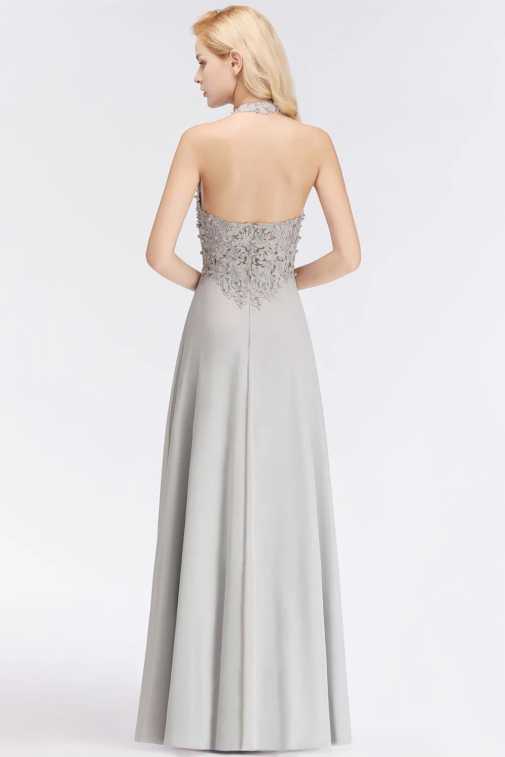 Vestido de Madrinha com Gola Halter Renda Pérolas Corpete Saia Longa até o Chão Chiffon Sexy Costas Abertas Roupa de Casamento