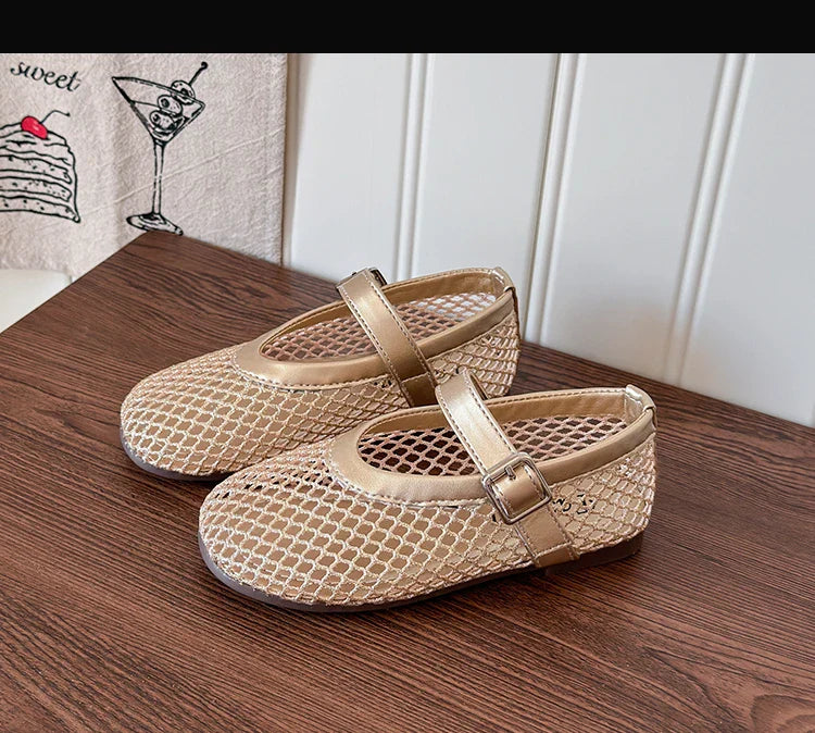 Toddler Girls Mesh Ballet Flats 2026 New Summer Ankle Strap Sandals Non-slip Simple Princess Outdoor Beach Sandals Metallic Gold
