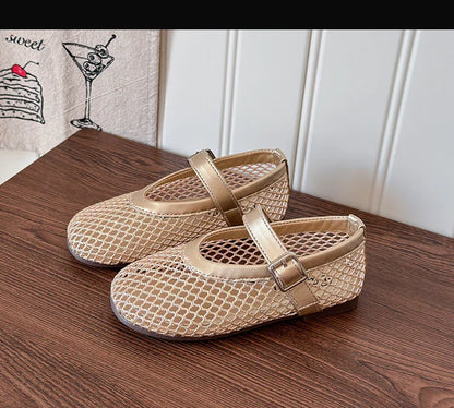 Toddler Girls Mesh Ballet Flats 2026 New Summer Ankle Strap Sandals Non-slip Simple Princess Outdoor Beach Sandals Metallic Gold