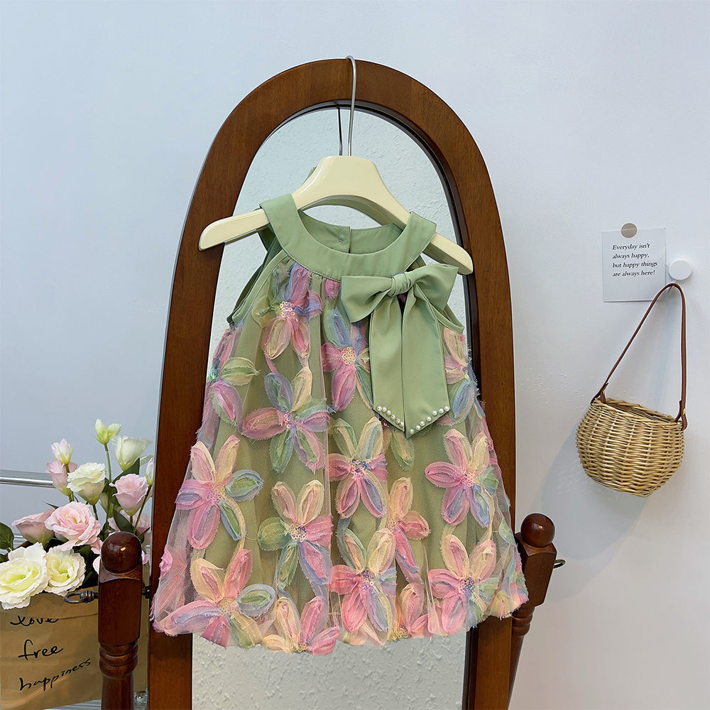 Girl Dress 2025 Summer New Girl Dress Princess Dress Little Girl Fashion Colorful Flower Yarn Dresses Kid Clothes