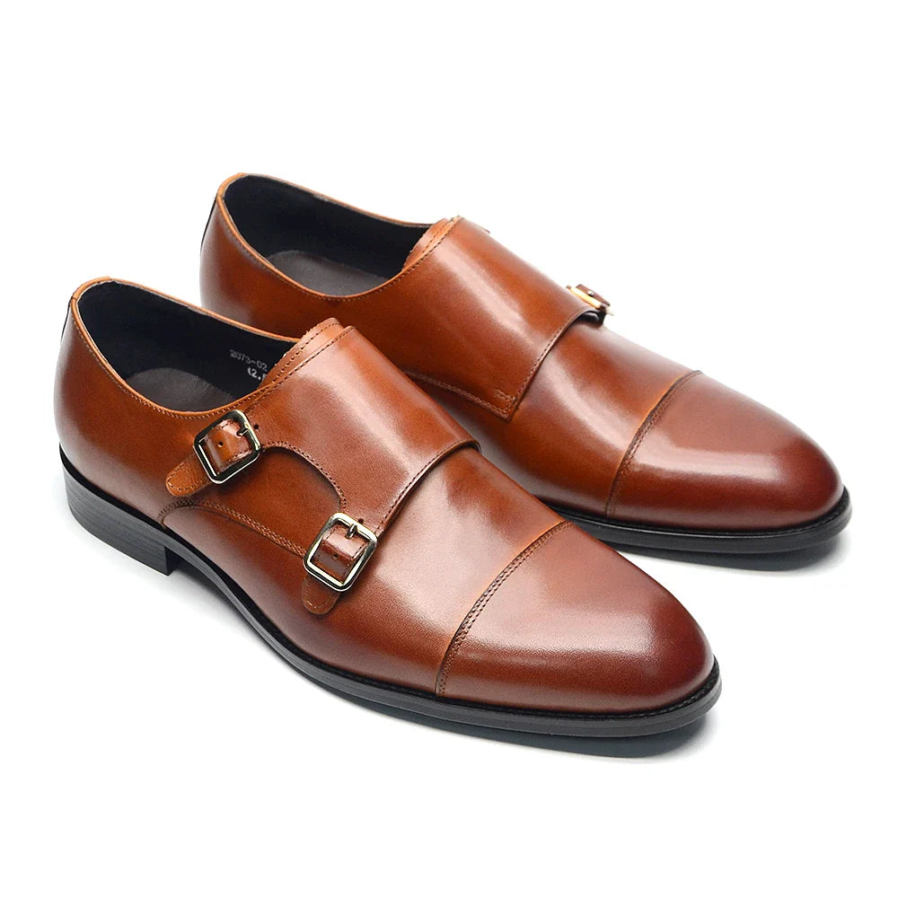 Luxury Men's Wedding Formal Shoes Genuine Leather Pure Brown Black Double Buckle Monk Strap Cap Toe Business Office Dress Shoes