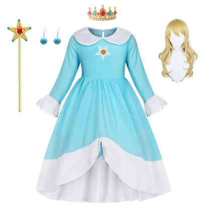 Rosalina Dress Girls Peach Cosplay Kids Party Princess Costume Birthday Blue Dresses Children Clothing