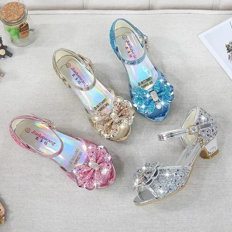 5 Colors Children Princess Sandals Kids Girls Wedding Shoes High Heels Dress Shoes Bowtie Gold Pink Blue Silver Shoes For Girls