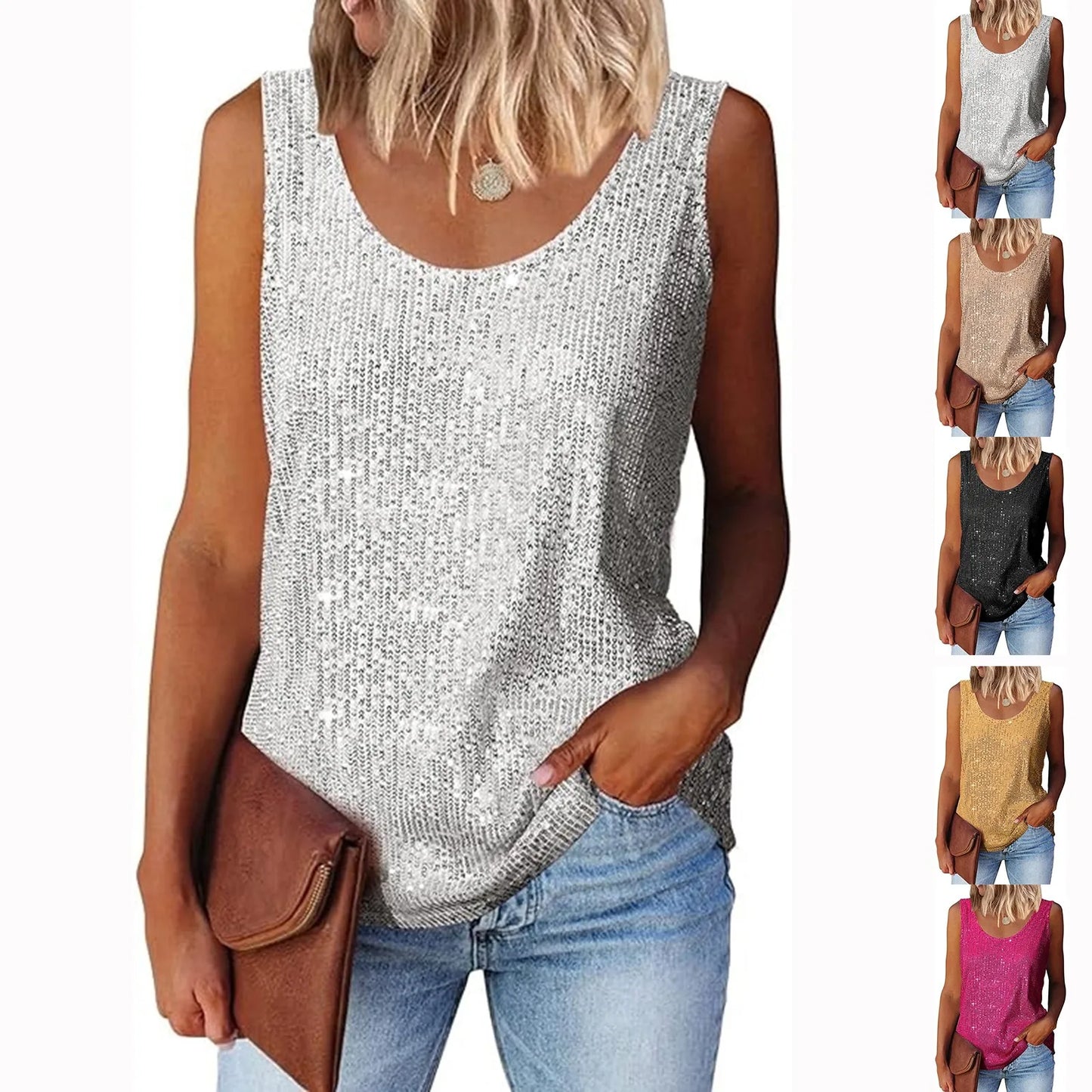 Ladies' Sequin Loose U-Neck Sleeveless Glitter Tops Fashion Solid Color Tank Tops For Daily Wear Performance Costume