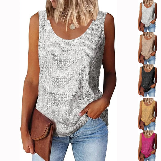 Ladies' Sequin Loose U-Neck Sleeveless Glitter Tops Fashion Solid Color Tank Tops For Daily Wear Performance Costume