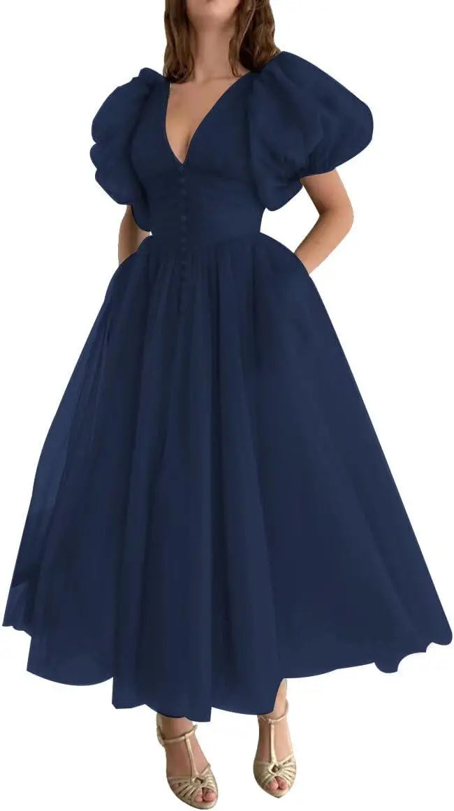Puffy Sleeve Prom Dresses for Women Dotted Tulle V Neck Formal Evening Party Gowns Tea Length Formal Dress Women Elegant
