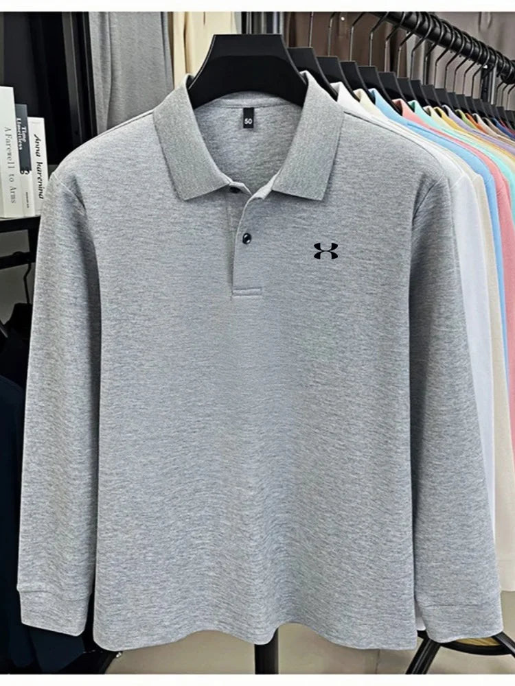 Men's brand polo shirt letter printed long sleeved top spring new 100% cotton casual sports breathable lapel fashionable T-shirt