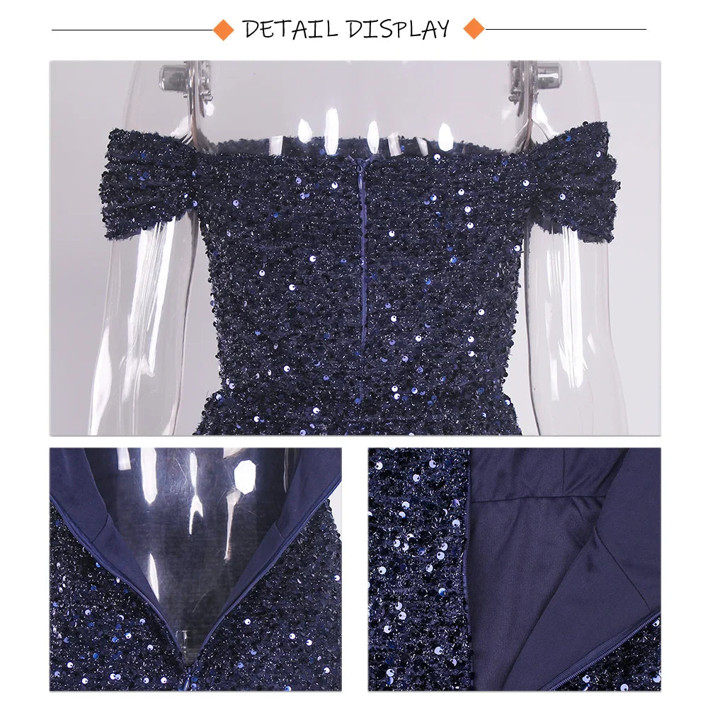 Navy Blue Slash Neck Off Shoulder Prom Gown Sequin Detachable Train Mermaid Evening Party Dresses Cocktail Dress 2025