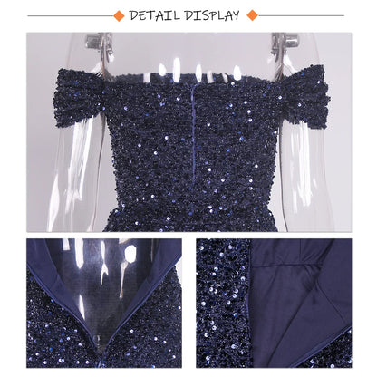 Navy Blue Slash Neck Off Shoulder Prom Gown Sequin Detachable Train Mermaid Evening Party Dresses Cocktail Dress 2025