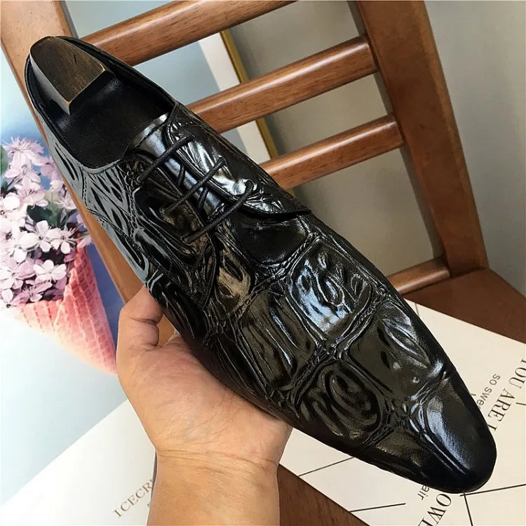 Business Men Crocodile Pattern Cowhide Genuine Leather Dress Shoes Lace Up Pointed Toe Derby Shoes Spring Wedding Formal Shoes
