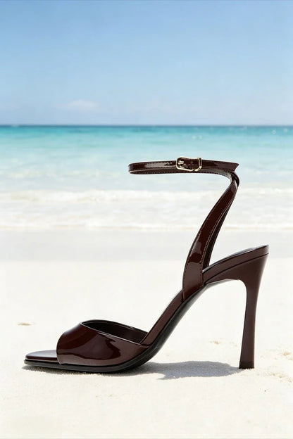 Elegant Burgundy Patent Leather High-heel Sandals Women Fashion Square Toe Stiletto Designer Shoes Sexy Open-toe Slingback Heels