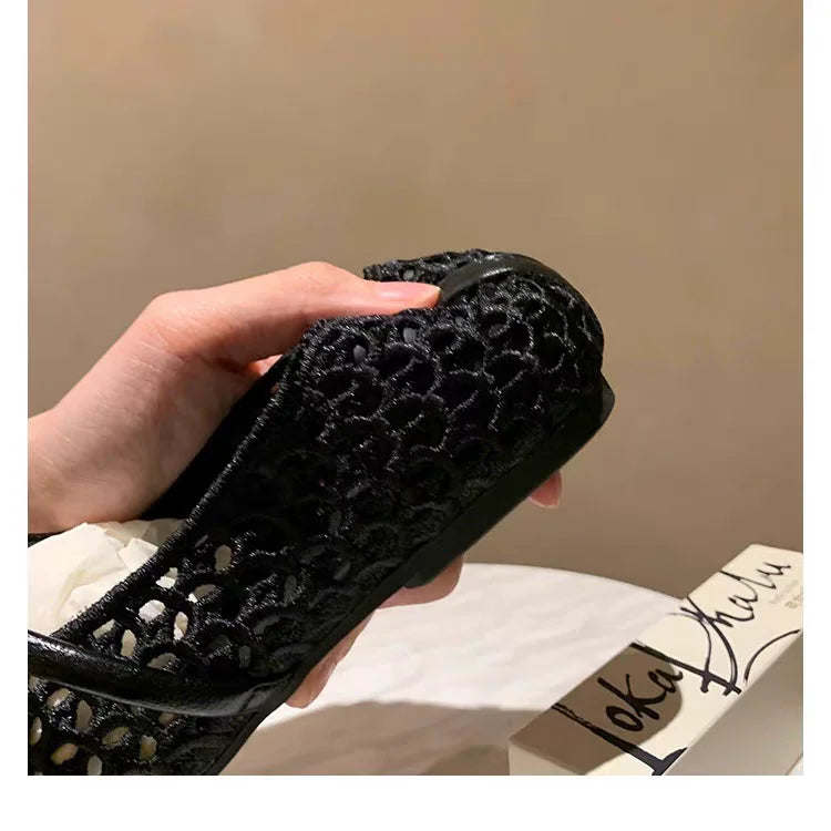 2025 zapatos de Ballet de malla hueca para mujer, sandalias transpirables Mary Jane con cabeza cuadrada, calzado con correa