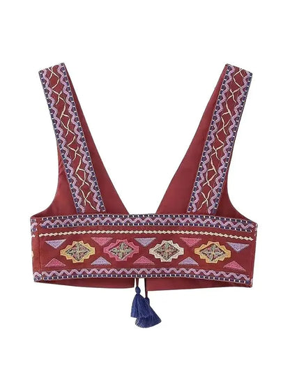 Women Fashion With Tie Tassel Embroidered Crop Tank Tops Sexy V Neck Wide Straps Female Waistcoat Chic Vest Tops