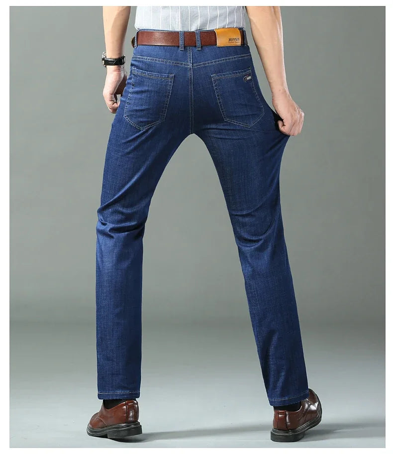 Denim Jeans For Men Blue Straight Stretch Cotton Pants Business Casual Lightweight Trousers Spring Summer