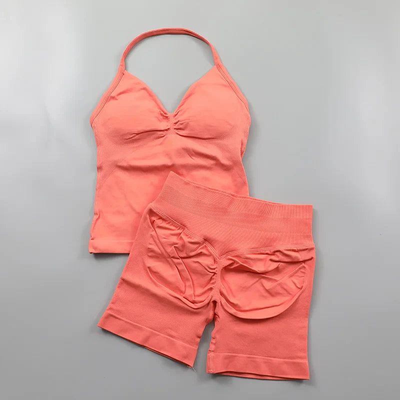 Yoga Longline Strappy Top Leggings Set Women's Backless Camisole Built-In bra Vest High-Waisted Hip Lift Gym Shorts Sports Set