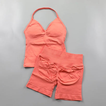 Yoga Longline Strappy Top Leggings Set Women's Backless Camisole Built-In bra Vest High-Waisted Hip Lift Gym Shorts Sports Set