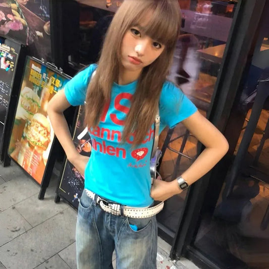 Japanese Y2k Letter Print T-shirt Trashy 2000s Style Crop Top Vintage Harajuku Short Sleeve Tee Shirt American Retro 90s