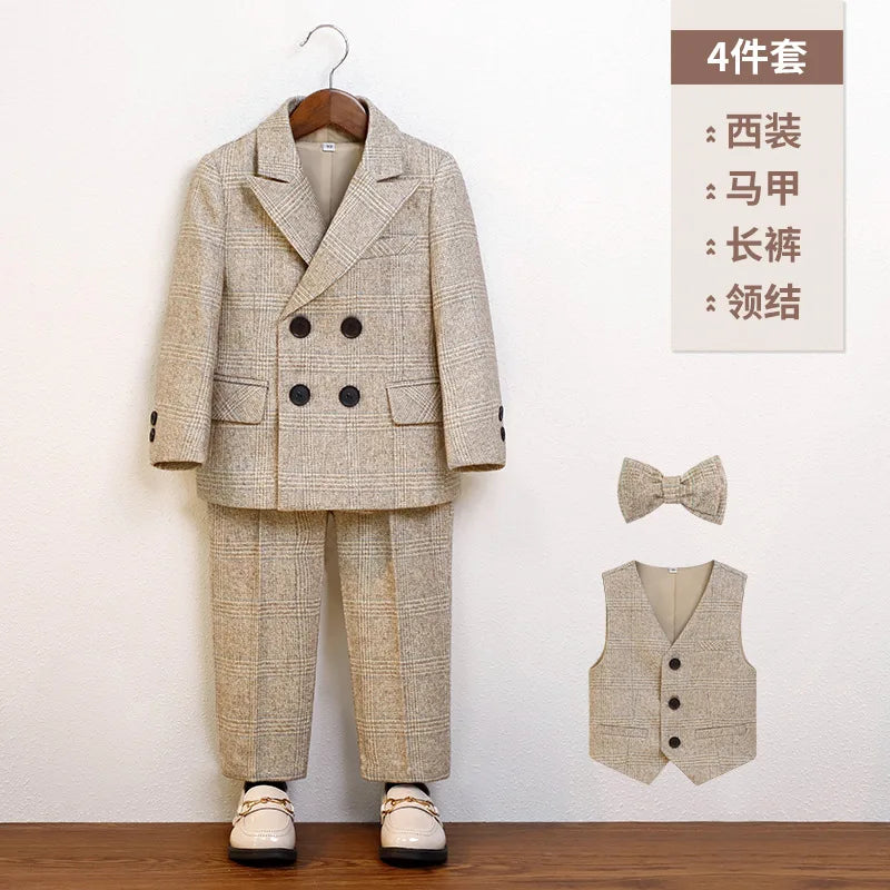 Boys Suit For Wedding Party Kids Jacket Vest Pants Bowtie 4PCS Ceremony Tuxedo Dress Children Photograph Performance Costume