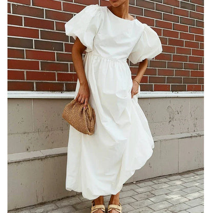 2026 Women Summer Puff Sleeve Bohemain White Long Dress High Waist Loose Style Cotton Boho Maxi Dress Vestidos Clothes