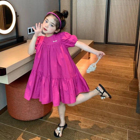 New Girls Princess Dress 2026 Summer Children Loose Sweet Rose Red Dress Kids Short Sleeve Patchwork Dress 2-8 Years
