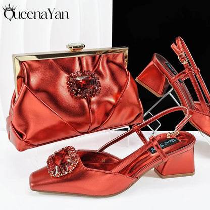 New Shoes Match Bag With Orange Color Shiny Leather Party Women's Heels Banguet Women's Scene